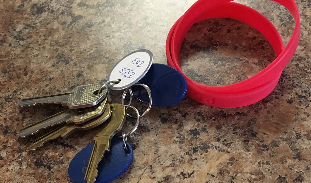 Keys sit on a kitchen counter during moving day