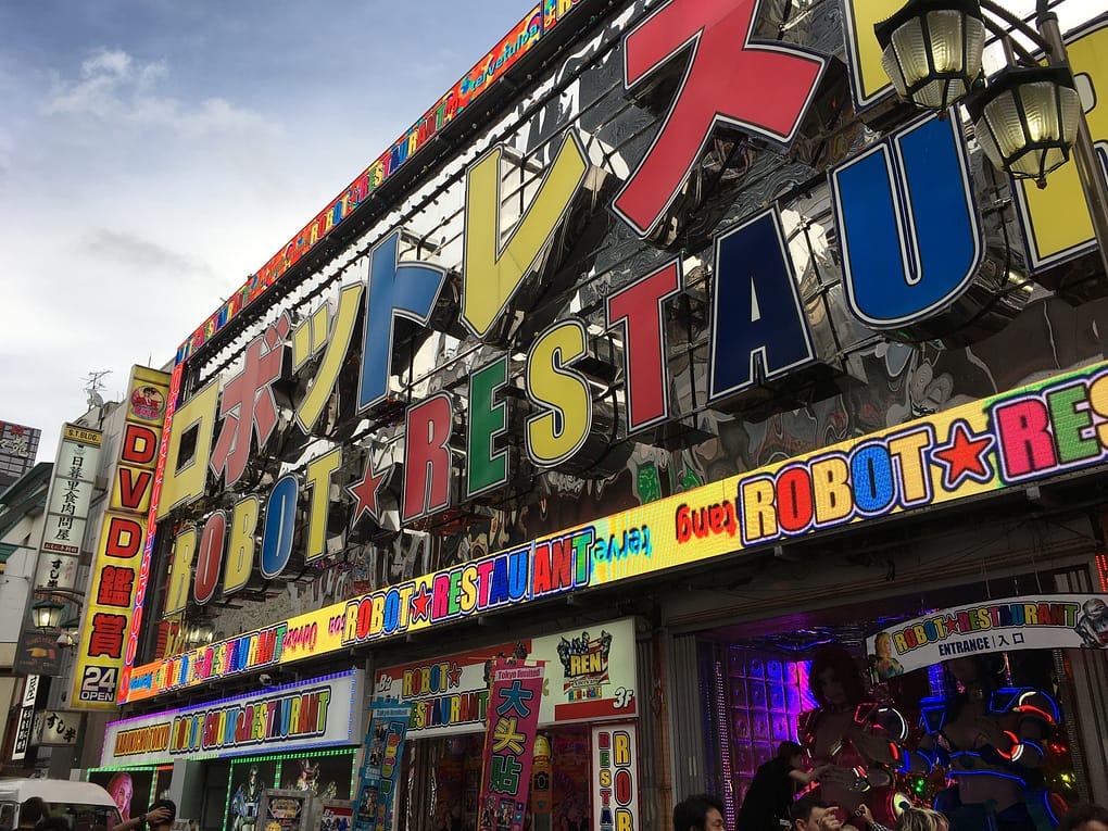 Colorful signage announces the location of Robot Restaurant