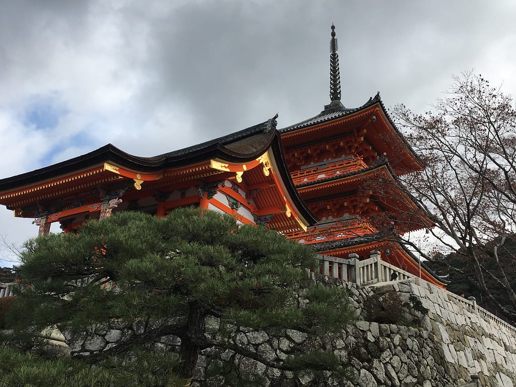 Looking up at the large pagoda and other temple building at Kiyomizu