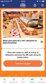 A screen shot of the Osaka Amazing Pass app showing the digital coupon feature