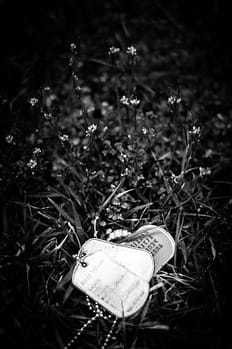 A black and white photo of dog tags in the grass, along with an engagement ring