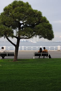 A couple sits on a bench overlooking the water