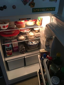 A fridge door open to reveal leftovers after a meal