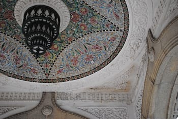 A mosaic design on the ceiling of a gazebo in Yamashita Park