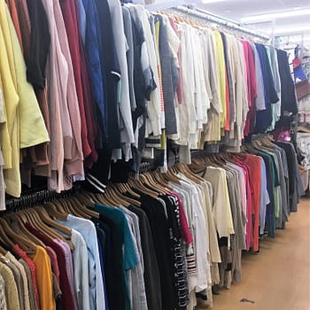 Book Off Super Bazaar thrift store has a large selection of women's clothing for sale. The two long racks of clothing are stuffed full of shirts on hangers.