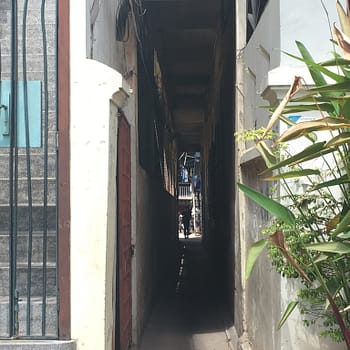 An alleyway framed by buildings