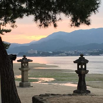 Japanese lanterns at sunset on Miyajima Island