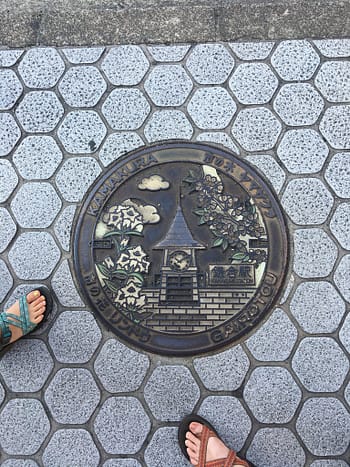 Manhole cover decorated with a tower and cherry blossoms.
