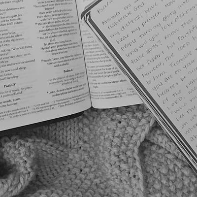 Two books open on top of a gray knit blanket