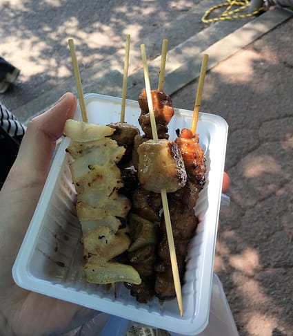 Plastic tray of yakatori. There are 5 skewers, each one containing a different meat.