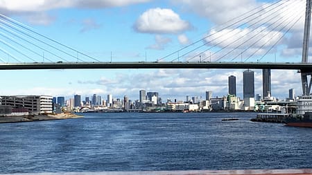 A view of the Osaka skyline from the Osaka bay. City buildings are in the background with water in the foreground.
