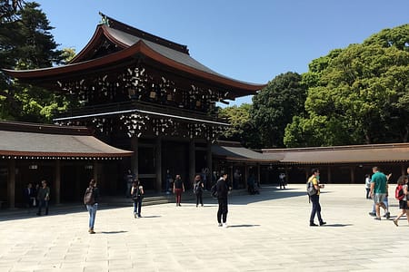 A dark wooden gate is stark against a cloudless blue sky and bright white courtyard tile.