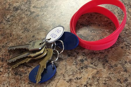 Keys sit on a kitchen counter during moving day