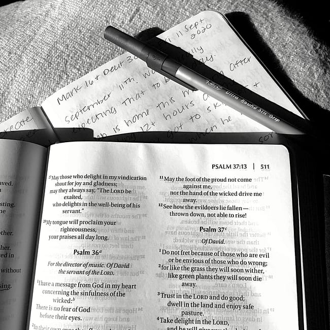 What I Learned Winter - Black and white of a Bible, journal, and pen